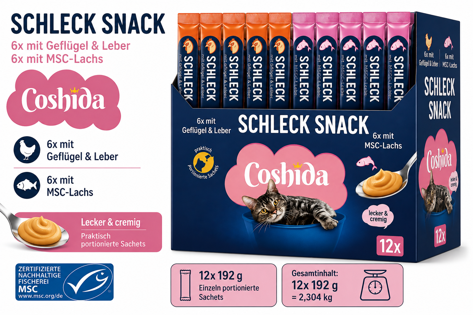 12x 192g COSHIDA Schleck Snack Geflügel, Leber & MSC Lachs lecker & cremig