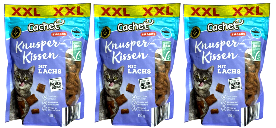 3x 150g CACHET Classic Knusperkissen Katzenfutter mit ASC LACHS (450g)