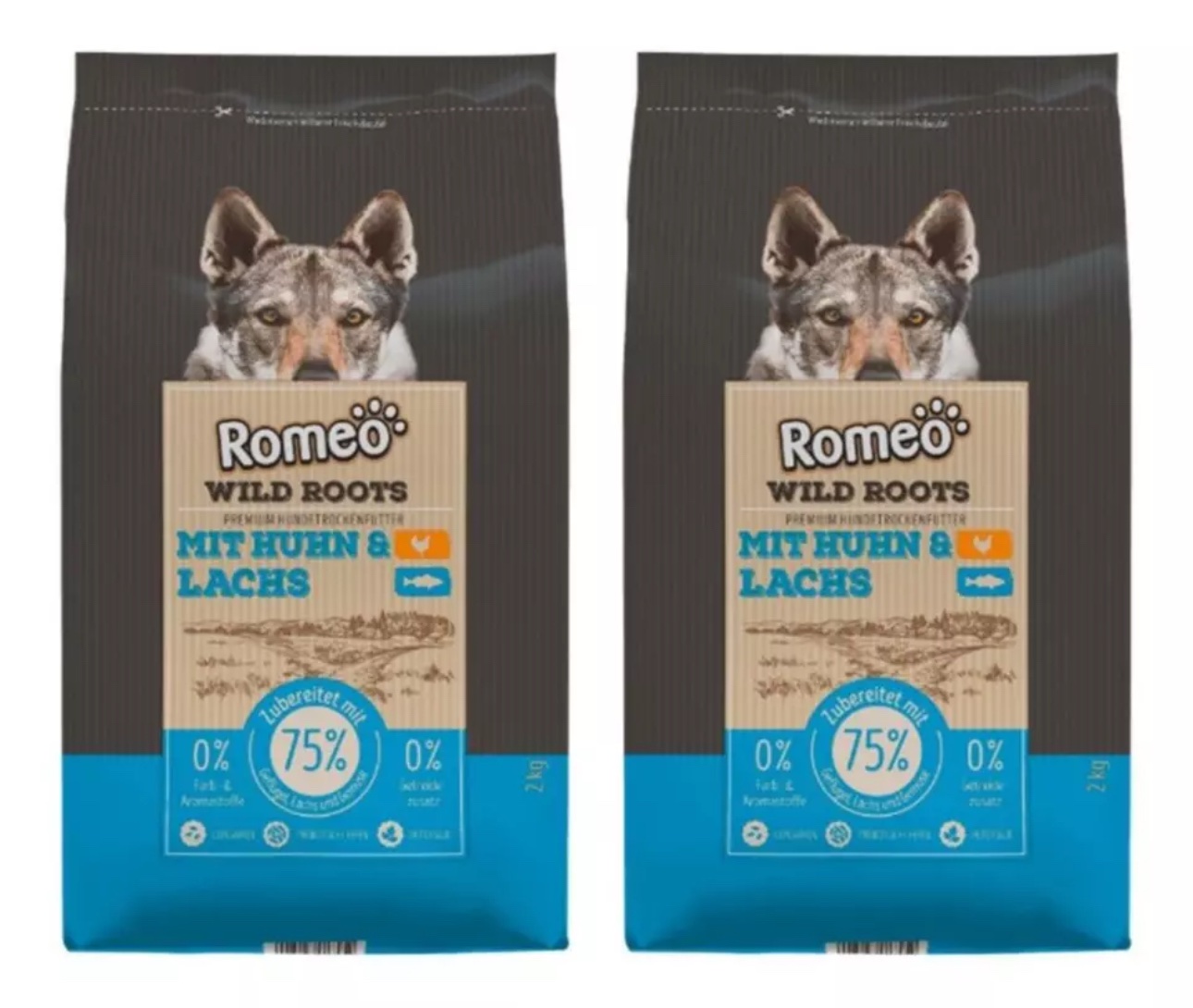 2x 2kg (4kg) Romeo Premium Wild Roots Hundetrockenfutter HUHN & LACHS