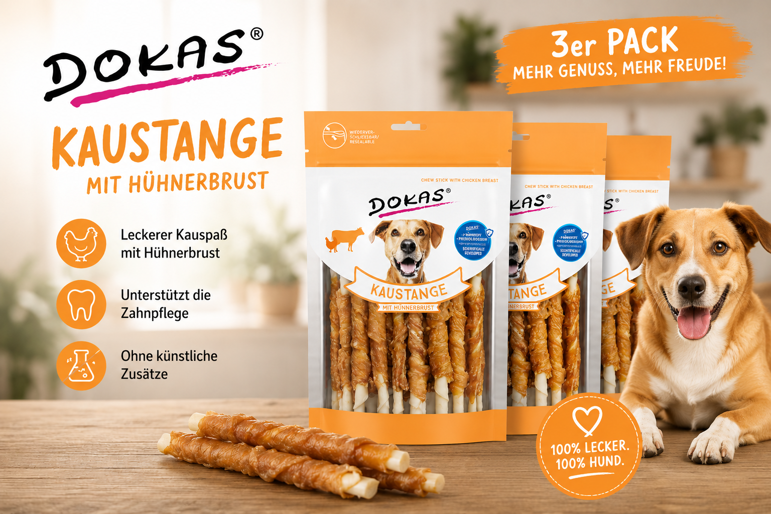 Dokas Hundesnack Kaustange mit Hühnerbrust 3x 200 g